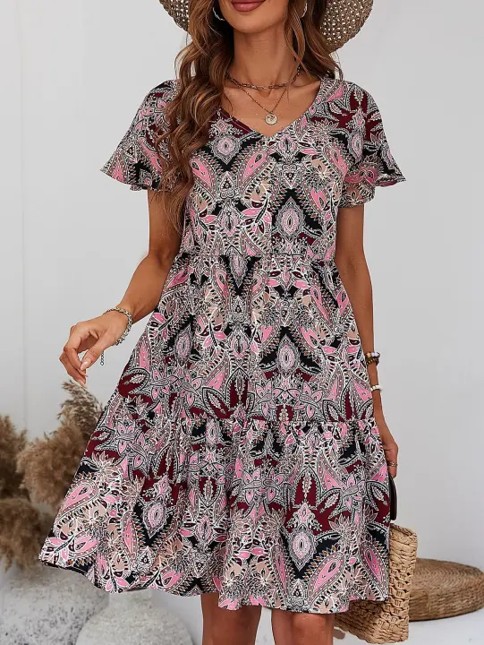 Vestido de verano con cuello en V para mujer, pantalón corto informal, vestidos de manga para mujer - 1