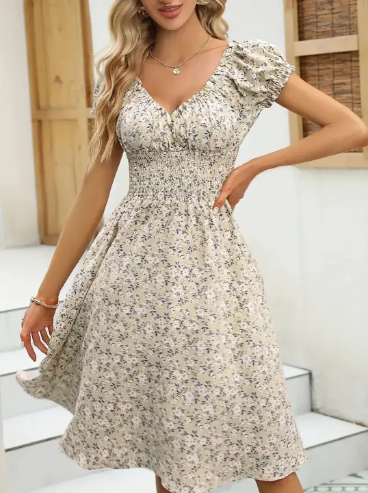 Nuevo vestido francés con mangas de burbujas florales para mujer - 1