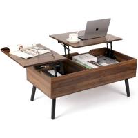 Mesa de Centro, Mesa de Centro Regulable en Altura, Extraíble, Extensible, Compartimento de Almacenaje Oculto Independiente, Tablero Elevable Doble, Mesa de Sofá de Salón, Color Nogal - details 7