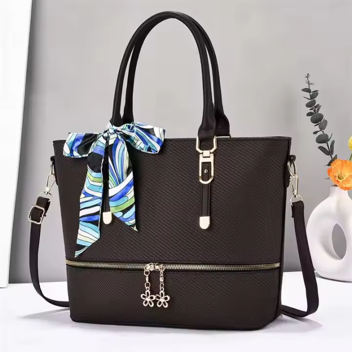 Bolso de mano de gran capacidad para madre, diseño de empalme de rejilla, con tres asas, forro de poliéster PU con cremallera, novedad de 2025 - 1