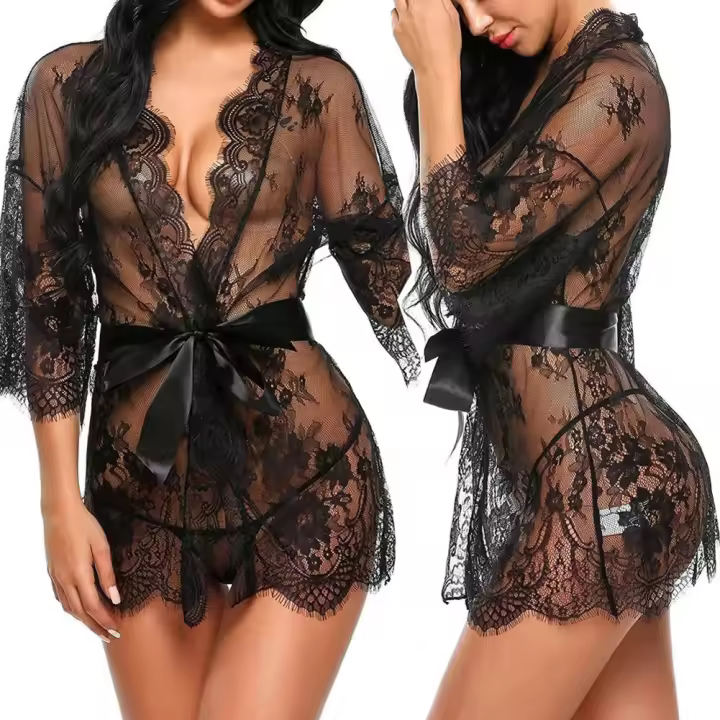 Camisón transparente con cuello en V para mujer, lencería Sexy porno, picardías de encaje, ropa de dormir erótica, bata, Tanga, disfraz - 1