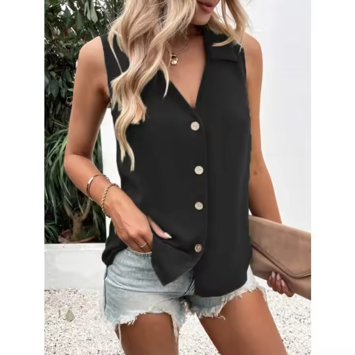 Novedad de verano, camisa holgada de gasa con cuello en V de color sólido para mujer, chaleco sin mangas con botones giratorios - 1