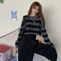 Suéter de estilo coreano con cuello redondo a rayas para mujer, Jersey de punto de colores contrastantes, Tops de punto sueltos de manga larga - details 2