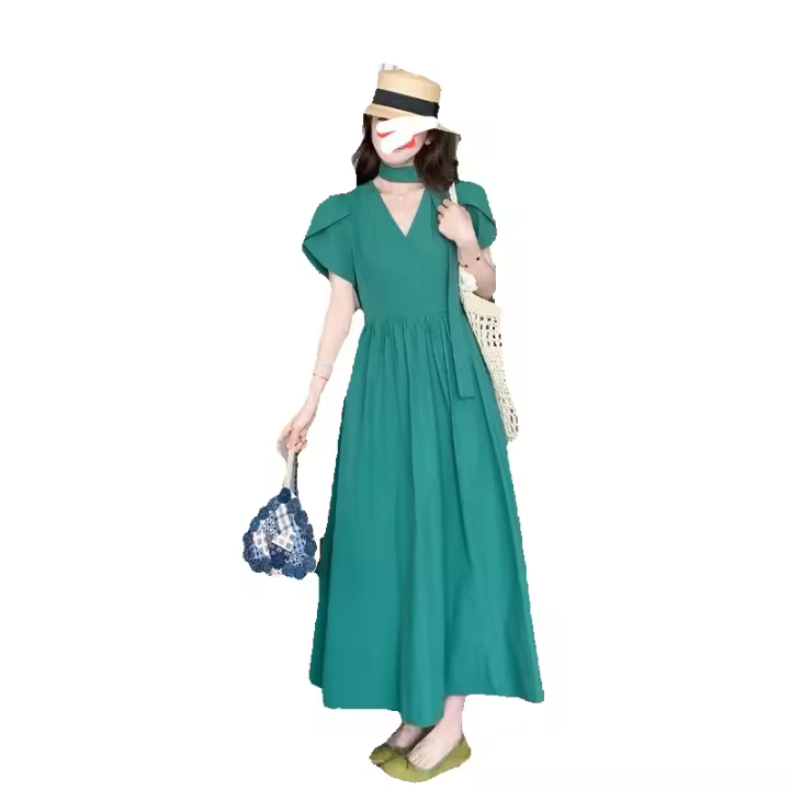 Vestido verde francés ligero y maduro para mujer, verano 2025, nuevo estilo retro, cintura alta, adelgazante y elegante. - 1