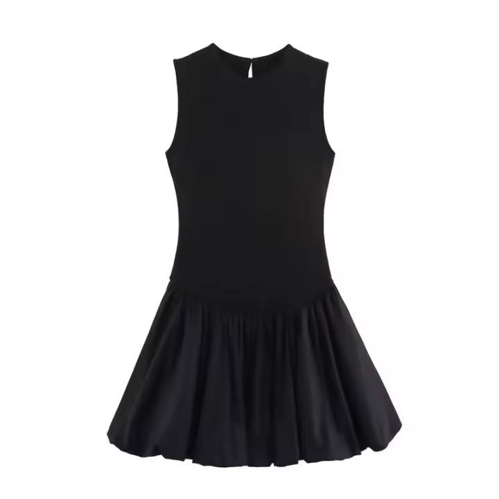 BUNO-Mini vestido de retazos de moda para mujer, cuello redondo, sin mangas, dobladillo abullonado, vestidos para mujer - 1