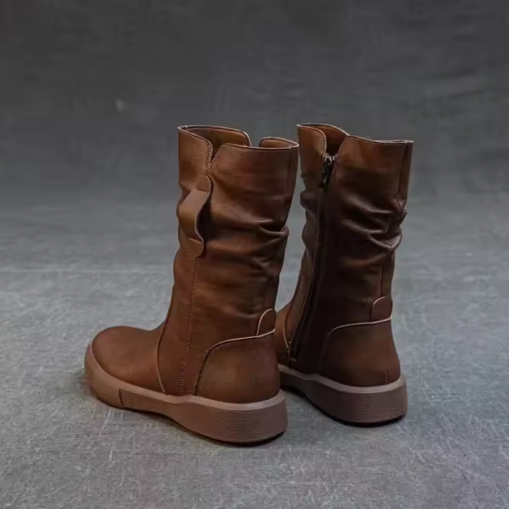 Botas de tobillo gruesas de cuero de las mujeres, zapatos planos antideslizantes de la rodilla, invierno 2025 nuevo estilo - 1