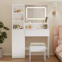 Tocador de Maquillaje Moderno con Espejo Grande y Luces LED Brillo Ajustable, 3 Estante Abiertos, 2 Cajones y Armario Lateral Ideal para Dormitorio Blanco - details 1
