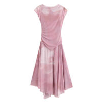 Vestido corto de manga nueva para mujer con cuello redondo y estampado de malla fruncida, dobladillo asimétrico, corte en A, vestidos de verano para estampado, dobladillo, corte, , - details 0
