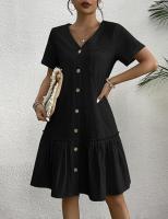Vestido largo de algodón y lino para mujer, vestido de verano informal vintage con botones y cuello en V de manga corta suelta - details 7