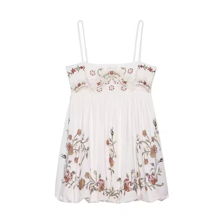 Vestido holgado de verano 2025 con dulce bordado de flores francesas, con tirantes y falda corta para mujer. - 1