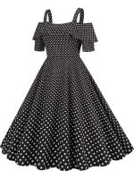 Vestido de fiesta Vintage elegante con hombros descubiertos, vestidos Midi de línea A con volantes y lunares de verano para mujer - details 36
