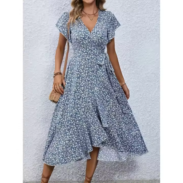 Vestido de talla grande 1XL-5XL con cuello en V y estampado floral para mujer, vestido elegante informal transpirable de verano, vestido largo de playa de estilo sofisticado - 1