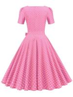 Vestido midi elegante informal para mujer con lunares, cuello Peter Pan, cintura alta y corte en A - details 19