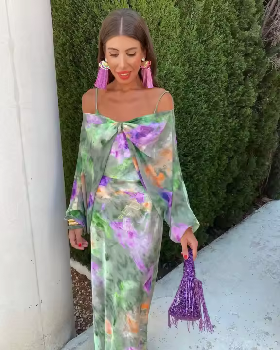 Elegante Vestido Floral de Poliéster Conjunto de Vacaciones de Alta Gama para Playa - 1