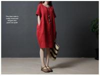 Novedad de verano, vestido holgado de talla grande para mujer, Color sólido, informal, adelgazante, algodón, lino, manga corta de longitud media - details 10