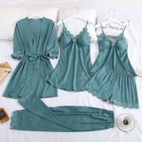 Conjunto de pijama de 5 piezas para mujer, ropa de dormir de satén Ence, suéter con cuello en V, albornoz de primavera - details 2