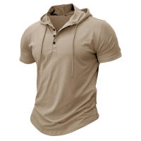Hombres Deportes Fitness Casual al aire libre de manga corta camiseta con capucha Top Henley Shirt. - details 0