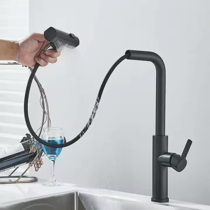 Grifo de cocina con caño de cascada grande, rociador extraíble, montaje en cubierta de un solo mango, mezclador de agua fría y caliente, grúa para fregadero de lavado - 1