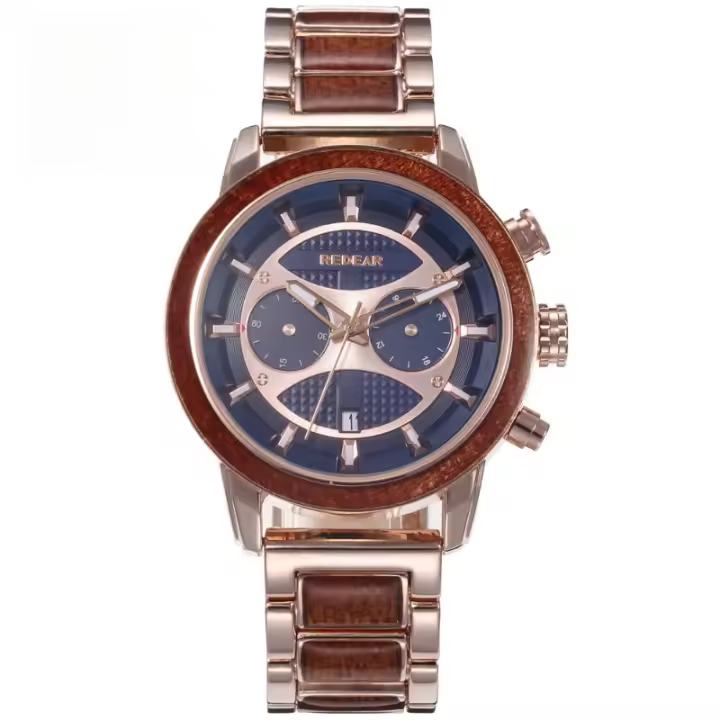 Reloj Deportivo Multifunción de Madera y Metal - Diseño Nórdico 2025, Cronógrafo, Calendario, Resistente al Agua 30M - Regalo Premium para Hombre y Mujer - 1