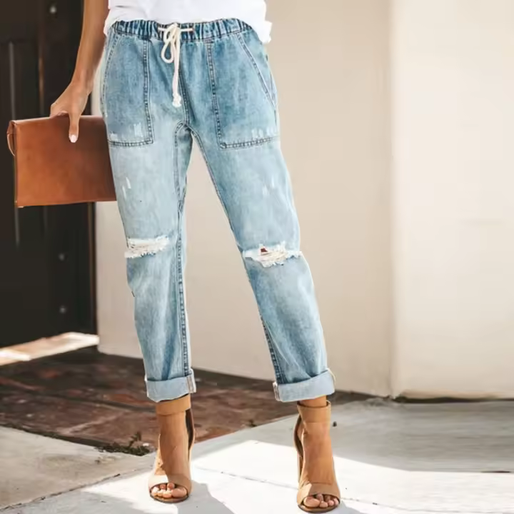 Pantalones Harem Vintage De Cintura Media Para Mujer Jeans Casuales Verano Mom Jeans Vaqueros De Pierna Regular Decoración De Borlas Y Botones - 1