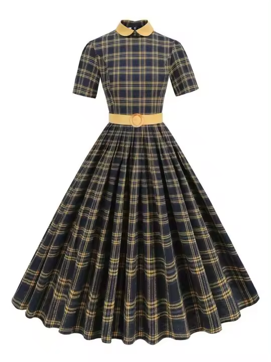 2025 nuevo Hepburn Peter Pan Collar Otoño Invierno Rockabilly mujeres Vintage vestido Casual elegante algodón a cuadros plisado vestidos largos - 1