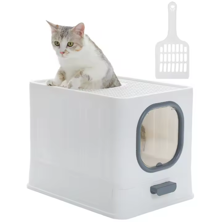PAWZ Road Caja de arena plegable para gatos con cuchara para arena, inodoro grande para gatos, entrada frontal y salida superior, bandeja de arena para gatos fácil de limpiar con tapa, suministros para mascotas - 1