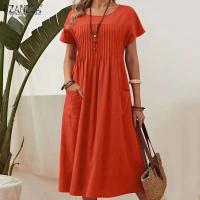 ZANZEA-Vestido elegante de verano, Vestido de manga corta con cuello de pico a la moda para mujer, Vestido veraniego plisado liso a media pantorrilla, Vestido informal de trabajo OL, caftán - details 6