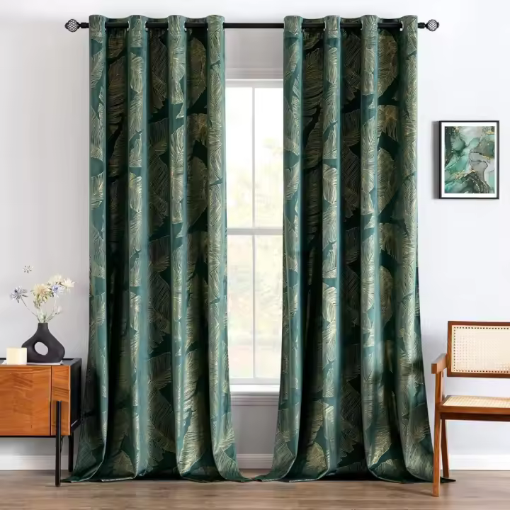 Cortinas de Terciopelo Suave con Estampado de Hojas de Oro 2 Piezas para Ventanas de Sala Verde - 1