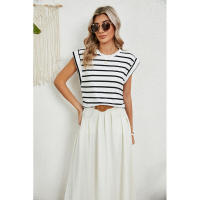 BUNO-2025 Tops para mujer, pantalón corto informal de moda de verano, camisetas básicas con textura a rayas de Color sólido y cuello redondo - details 85