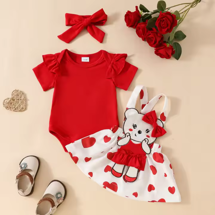 Adorable dibujo animado Oso Amor Bebé Niña Color Sólido Correa Falda Diadema Traje De Verano 2024 - 1