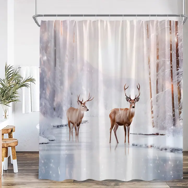Cortina de Ducha de Poliéster Diseño de Bosque Invernal con Ciervos, Leones, Tigres, Elefantes - 1