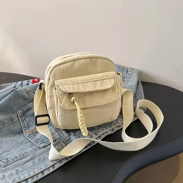 Bolso bandolera vintage de pana Harajuku para mujer, bolso de hombro informal de estilo japonés con cremallera, color sólido, forro de poliéster, lavable a mano -Hombres; Unisex; Pareja; -para mujer Bolso pequeño - Bolsa de dulces Bolso pequeño de pana - 1