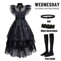 Disfraz de Addams para Niñas Vestido de Fiesta de Halloween con Peluca, Calcetines, Cinturones - details 4