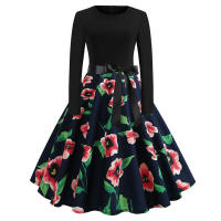 Women dot print party elegant vintage swing long sleeve dress - details 29