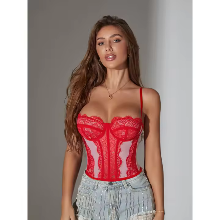 Top de Encaje Ajustable para Mujer Diseño Floral, Ajuste Ajustable, Transpirable, Material de Poliéster para Primavera/Verano - 1