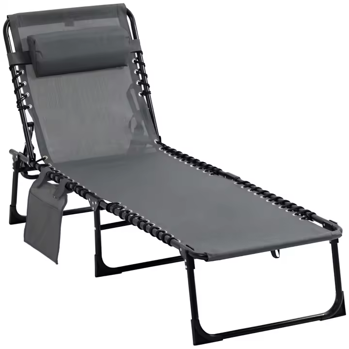 Tumbona Plegable con Respaldo Ajustable Reposacabezas Acolchado y Estructura de Acero para Exterior 185x58x30 cm Gris - 1