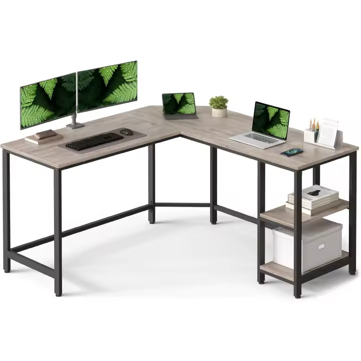 Ordenador, Escritorio de Esquina en Forma de L, Escritorio con 2 Estantes, Ahorra Espacio, para Juegos, Oficina Casa, Fácil de Montar, Greige y Negro LWD72MB - 1