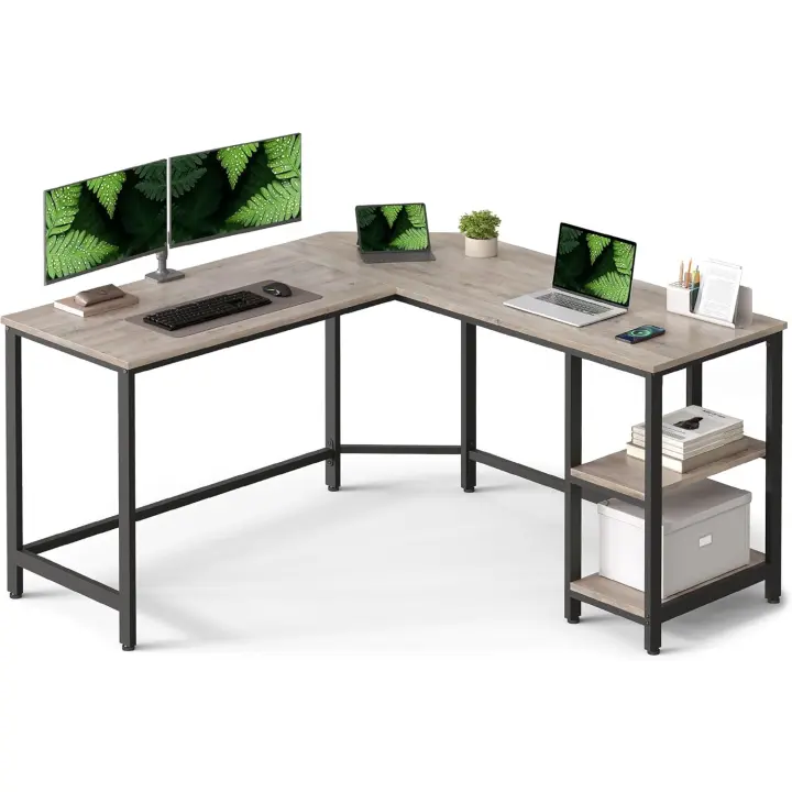Ordenador, Escritorio de Esquina en Forma de L, Escritorio con 2 Estantes, Ahorra Espacio, para Juegos, Oficina Casa, Fácil de Montar, Greige y Negro LWD72MB - 1