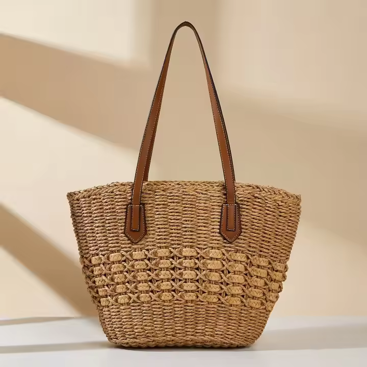 Bolsos de mano de paja tejidos, bolsos de playa de verano de un solo hombro para mujer, bolso de vacaciones tejido - 1