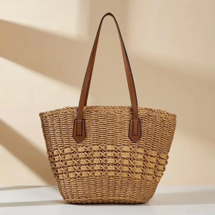 Bolsos de mano de paja tejidos, bolsos de playa de verano de un solo hombro para mujer, bolso de vacaciones tejido - 1