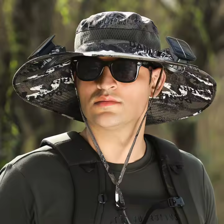 Sombrero de pesca con ventilador solar de ala ancha para hombre, gorro de pesca de secado rápido, recargable, silencioso, de gran viento, para verano, playa, viaje, vacaciones - 1