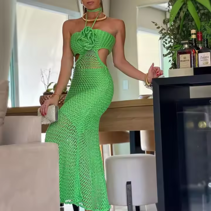Ustado Vestido de tirantes de punto para mujer, corte a rayas, sin mangas, transparente, flor 3D - 1