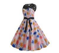 Lace patchwork floral print women summer 50s 60s elegant dress - details 82