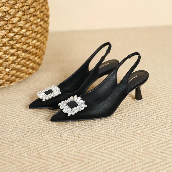 Nuevos tacones altos con correa y hebilla cuadrada de diamantes brillantes para fiesta - 1