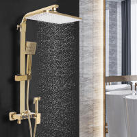 Sistema de ducha de lluvia dorado moderno, juego de ducha montado en la pared con cabezal de ducha de 9x9 pulgadas y ducha de mano de latón - details 1