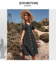 Vestido de verano de tejido liso, largo medio a largo, con escote en V y manga corta. Moda, ropa de mujer. - details 4
