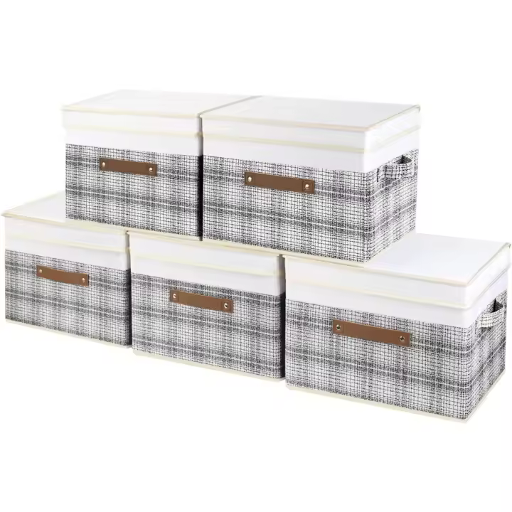 Cajas de Almacenamiento con Tapa 38x25x25cm Juego de 5 Gris Organizadoras Lavables - 1