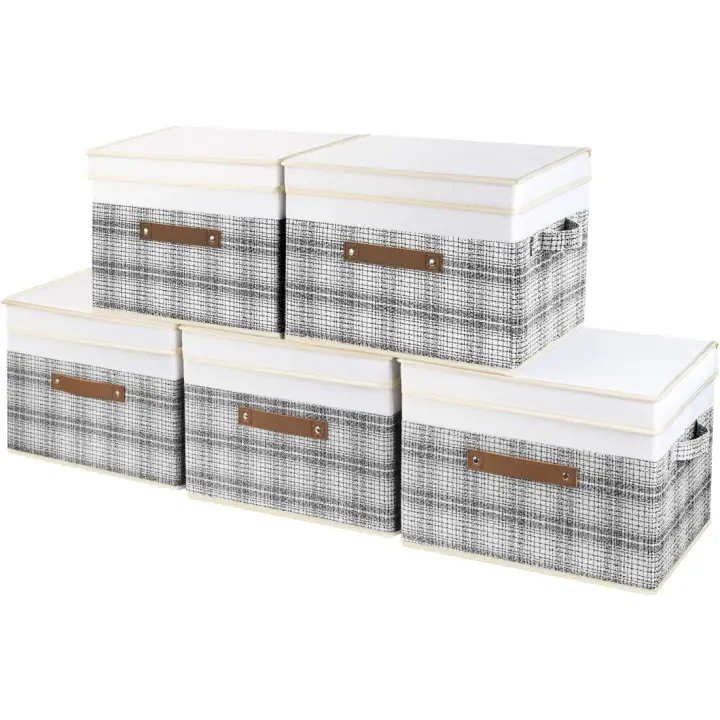 Cajas de Almacenamiento con Tapa 38x25x25cm Juego de 5 Gris Organizadoras Lavables - 1