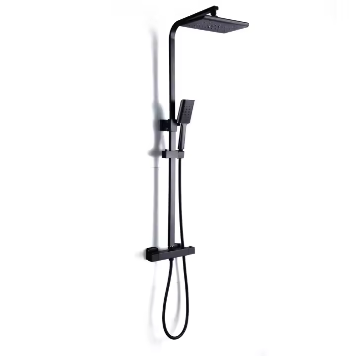 Juego de mezclador de ducha termostático para baño, válvula expuesta negra de doble cabezal, juego cuadrado - 1