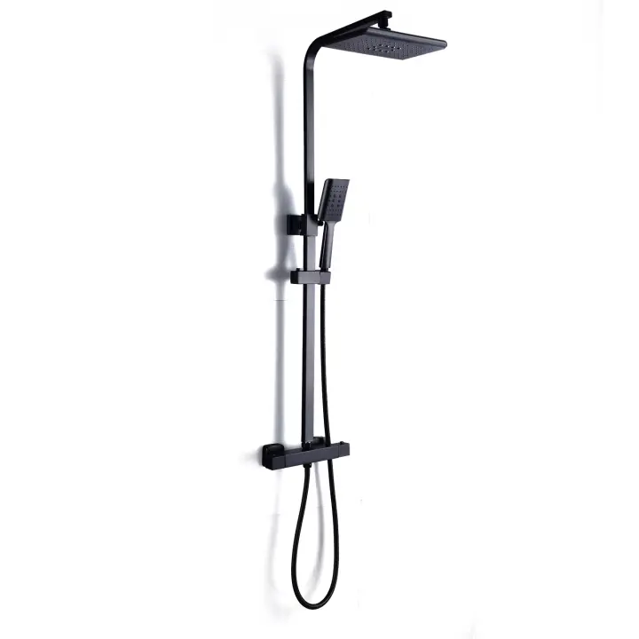 Juego de mezclador de ducha termostático para baño, válvula expuesta negra de doble cabezal, juego cuadrado - 1